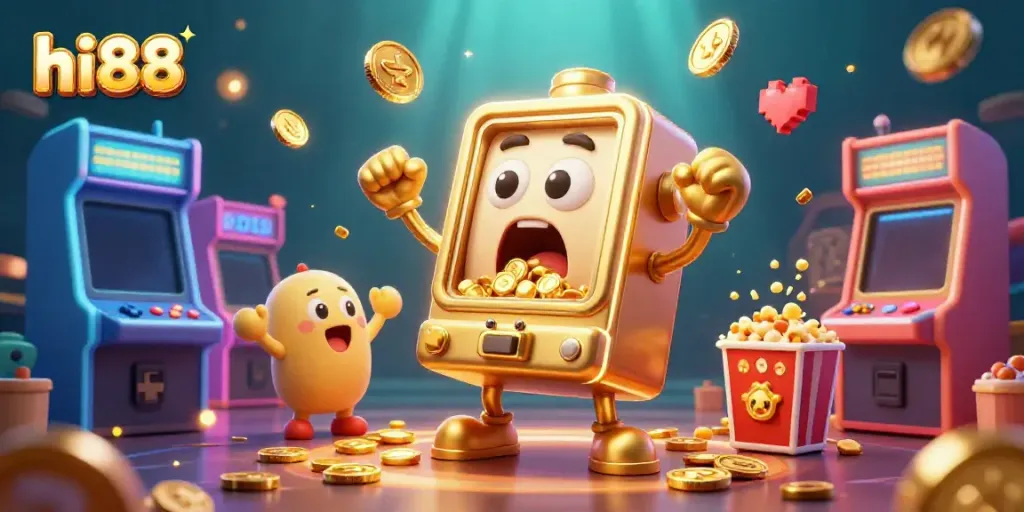 Experience the excitement at hi88 as cartoon slot machines celebrate a jackpot win amidst colorful arcade elements.