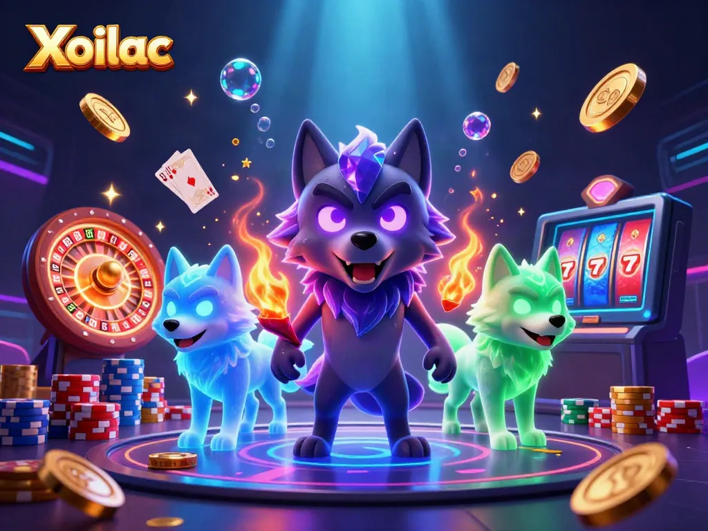 Xoilac brings excitement to your gaming experience with immersive visuals of a mystical casino scene featuring animated wolves and vibrant gaming elements.