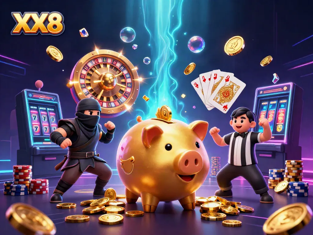Experience exciting gameplay at XX8 with our golden piggy bank sumo wrestler and casino elements.
