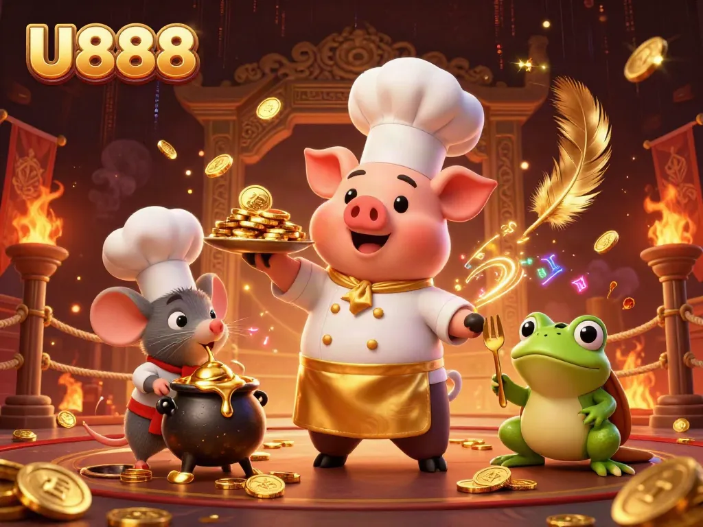 Experience the U888 excitement with vibrant 3D casino elements featuring golden coins and characters interacting.