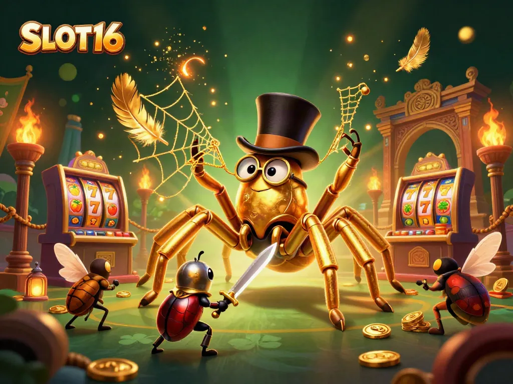 SLOT16 showcases a vivid illustration with a golden tarantula and knight in a dynamic casino scene.