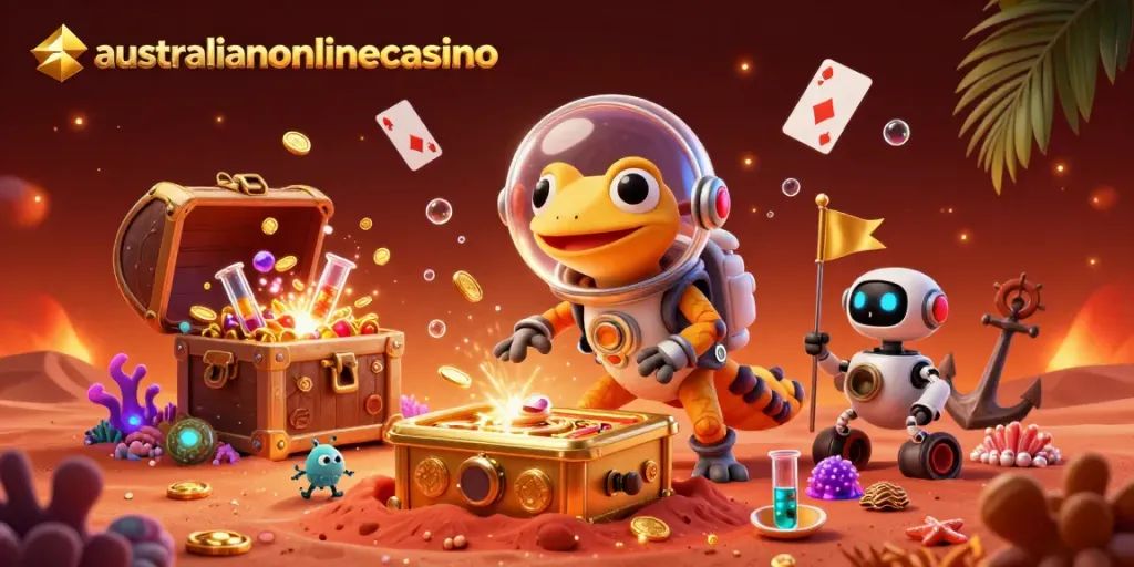Experience the excitement of australianonlinecasino with a Martian gecko discovering a golden casino, surrounded by treasure and fun.