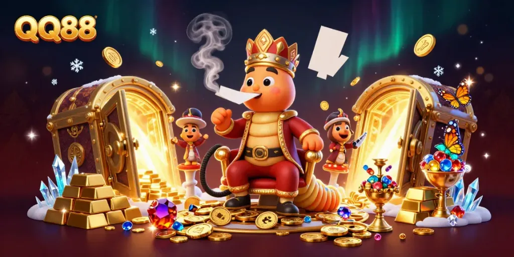 Experience the excitement of QQ88 with a spectacular 3D casino-themed illustration featuring rich game elements and characters.