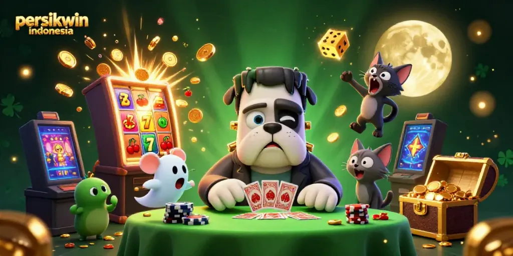 Mendapatkan jackpot di persikwin indonesia dengan karakter lucu memainkan kartu di kasino digital menakutkan.