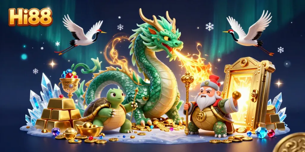 Experience the excitement at Hi88 with lucky symbols and vibrant energy in this casino illustration.