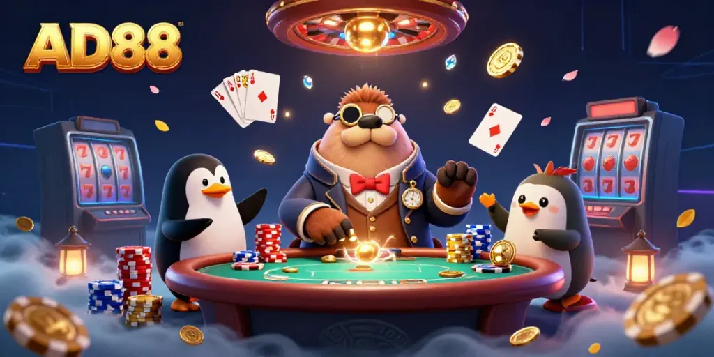 Engage in thrilling gameplay with AD88 at the underwater poker table featuring a walrus, penguin dealer, and pufferfish.