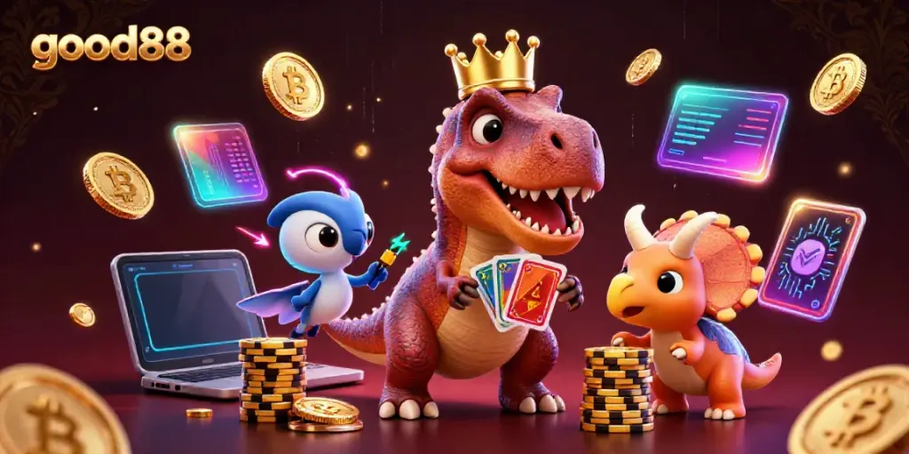 Engaging 3D illustration with T-Rex shuffled cards and stacked chips at good88 casino.