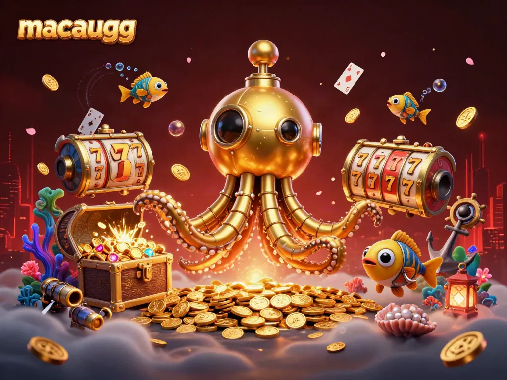 Experience thrilling gameplay at macaugg with a vibrant casino-themed 3D illustration.
